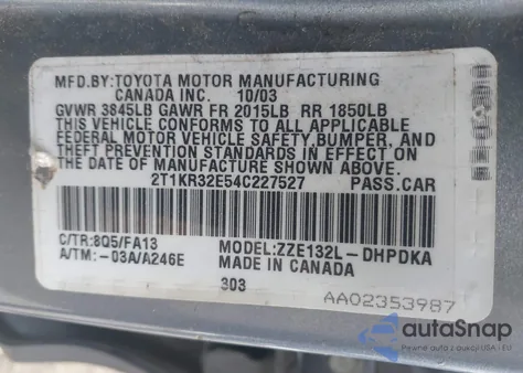 2004 Toyota Matrix Standard из США, поврежденный, VIN 2T1KR32E54C227527